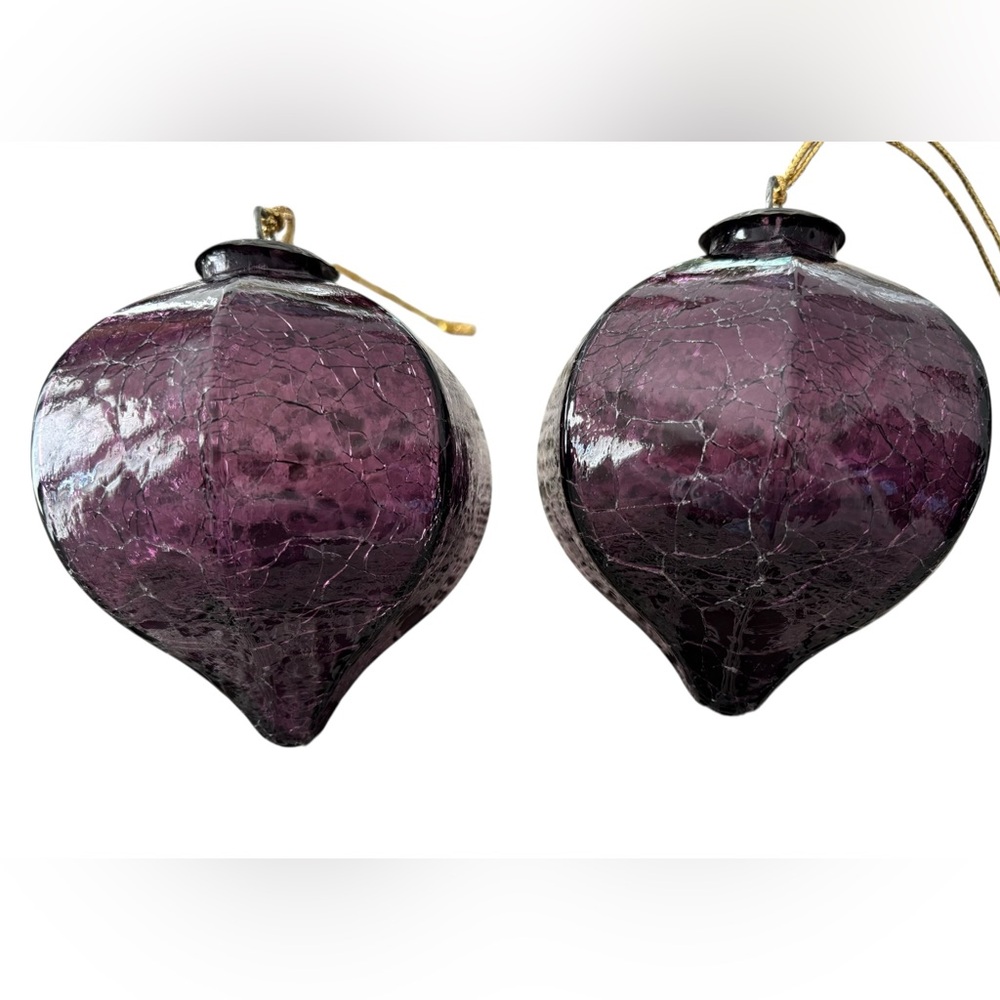 VIDEO! 2 purple Kugel crackel glass ornaments. Midwest!. Onion shape Lg